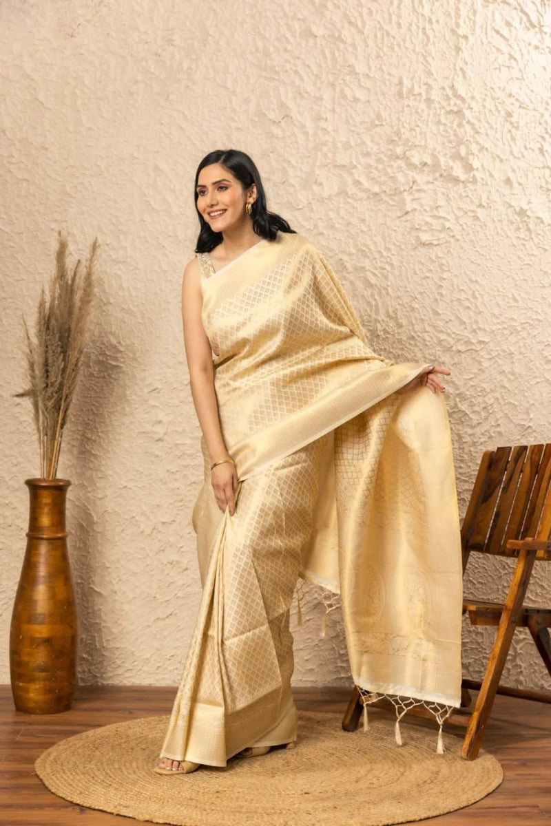 Cream Banarasi Silk Saree