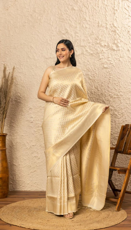 Cream Banarasi Silk Saree