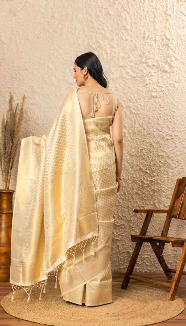 Cream Banarasi Silk Saree