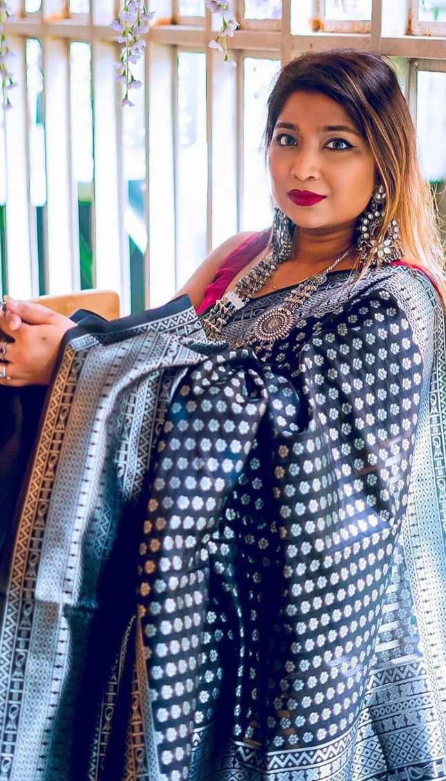 Black With Silver Lichi Silk Saree