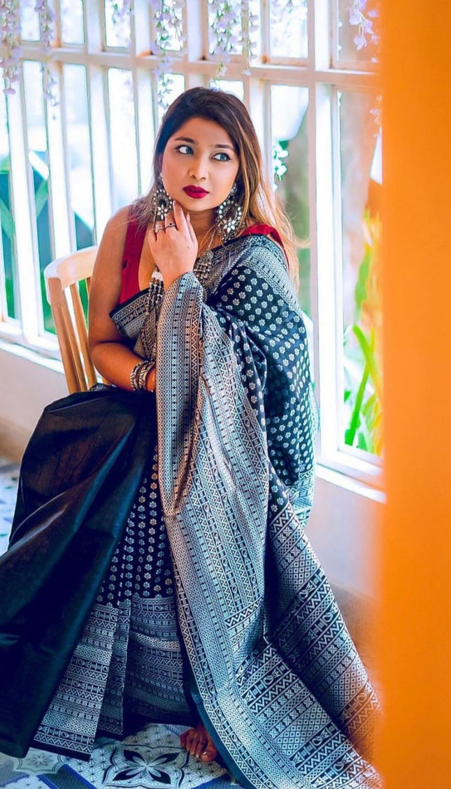 Black With Silver Lichi Silk Saree
