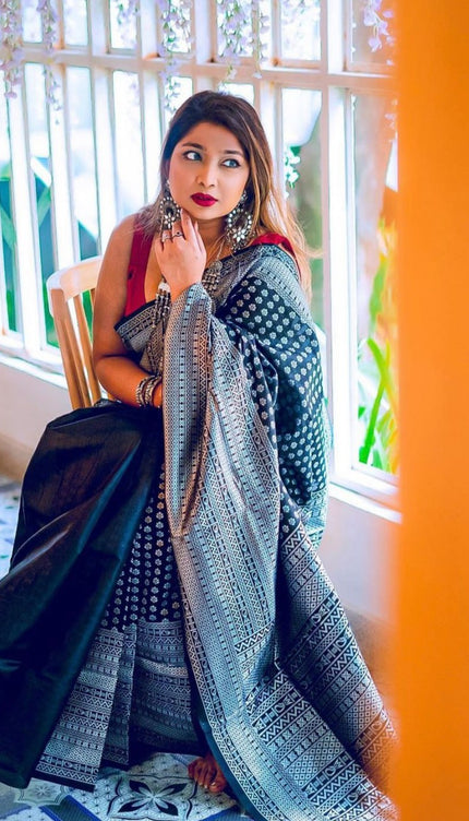 Black With Silver Lichi Silk Saree