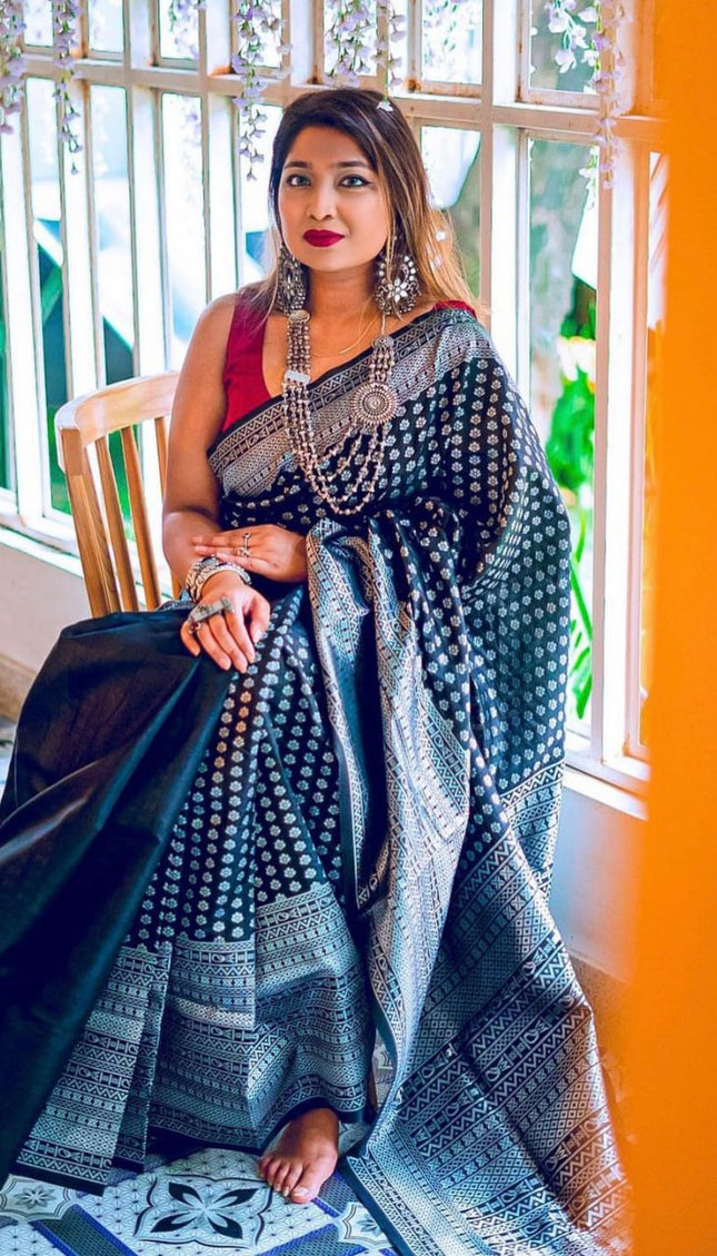 Black With Silver Lichi Silk Saree