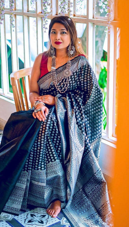 Black With Silver Lichi Silk Saree
