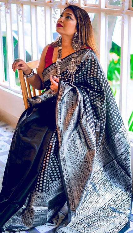 Black With Silver Lichi Silk Saree
