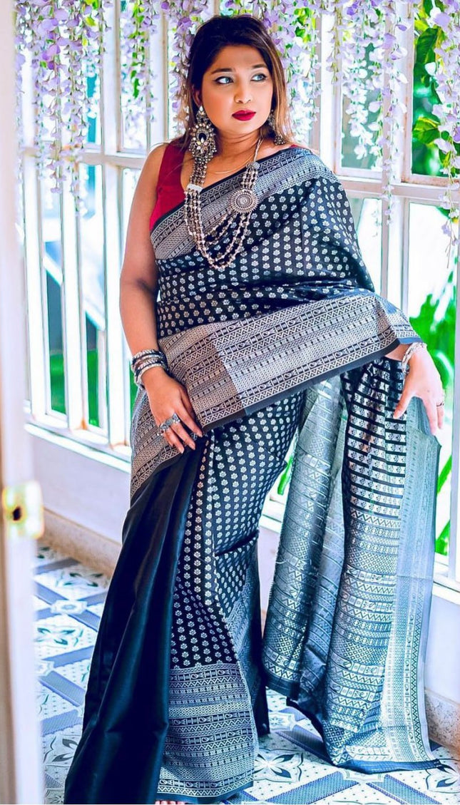 Black With Silver Lichi Silk Saree