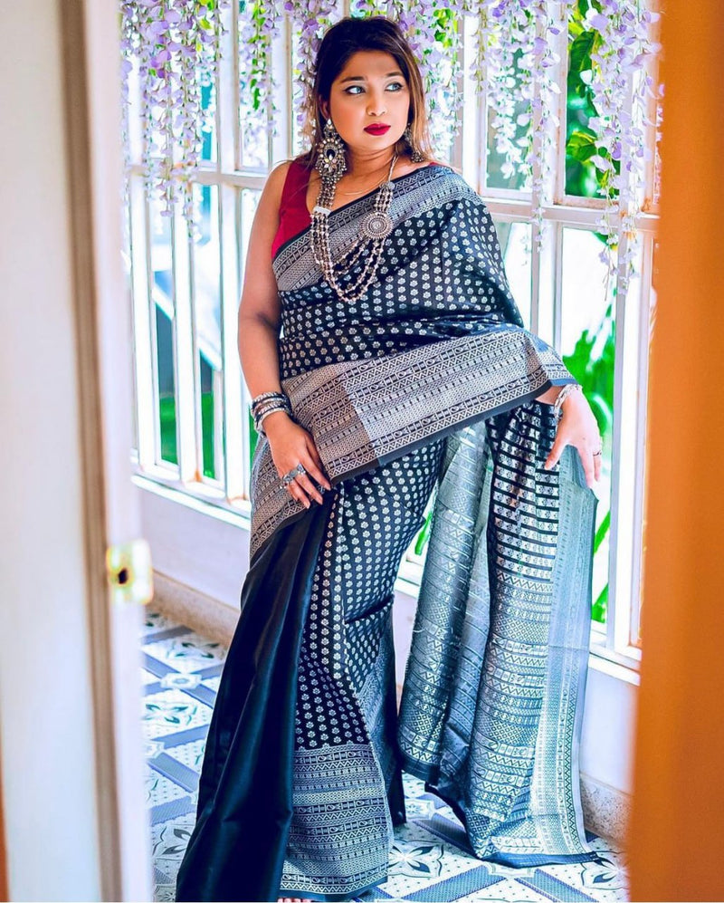 Black With Silver Lichi Silk Saree