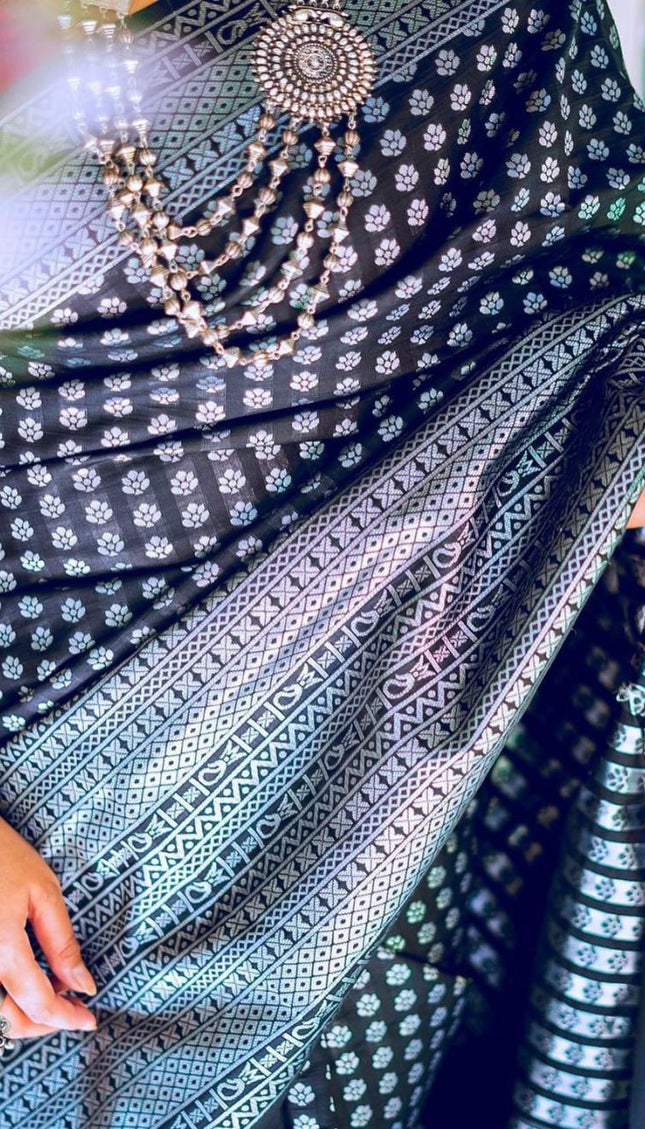 Black With Silver Lichi Silk Saree