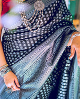 Black With Silver Lichi Silk Saree