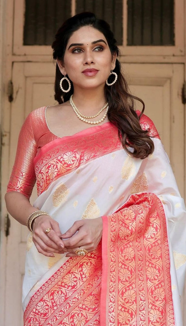 White Soft Banarasi Silk Saree