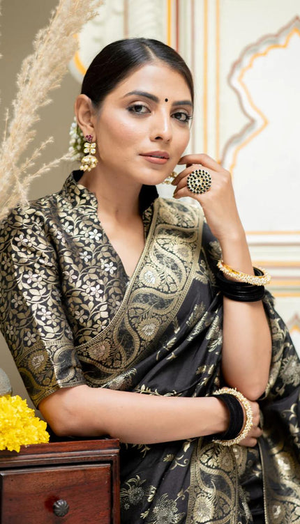 Charming Black Color Soft Banarasi Silk Saree