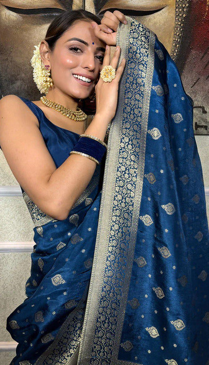 Inspiring Navy Blue Soft Silk Saree