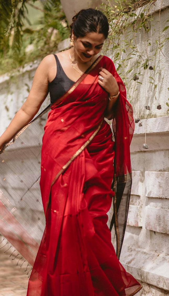 Efflorescence Red Cotton Silk Saree