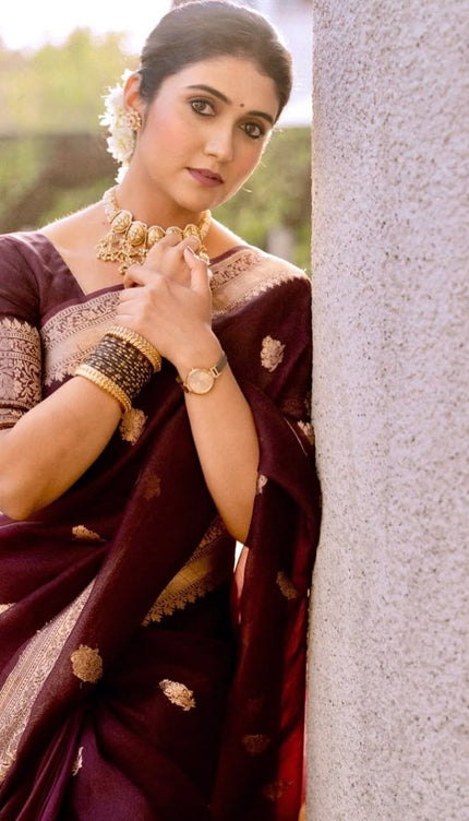 Praveena - Maroon Organza Silk Saree with Floral Zari Motifs and Brocade Border