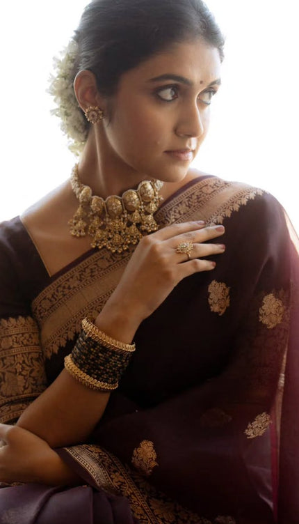 Praveena - Maroon Organza Silk Saree with Floral Zari Motifs and Brocade Border