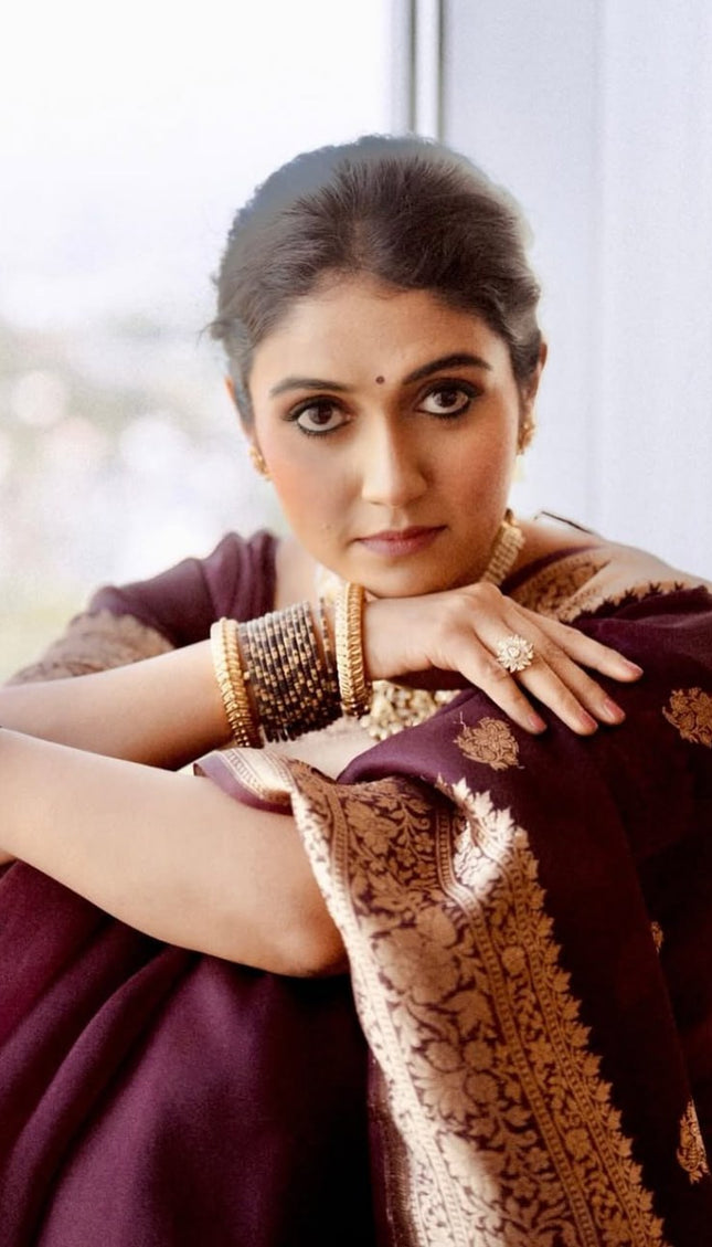Praveena - Maroon Organza Silk Saree with Floral Zari Motifs and Brocade Border