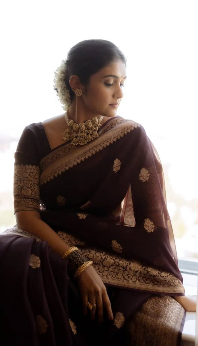 Praveena - Maroon Organza Silk Saree with Floral Zari Motifs and Brocade Border