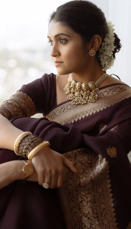Praveena - Maroon Organza Silk Saree with Floral Zari Motifs and Brocade Border