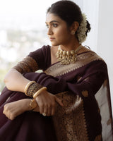 Praveena - Maroon Organza Silk Saree with Floral Zari Motifs and Brocade Border