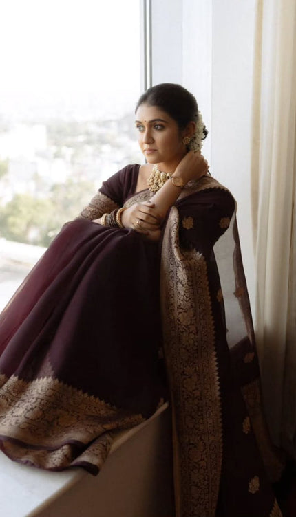 Praveena - Maroon Organza Silk Saree with Floral Zari Motifs and Brocade Border