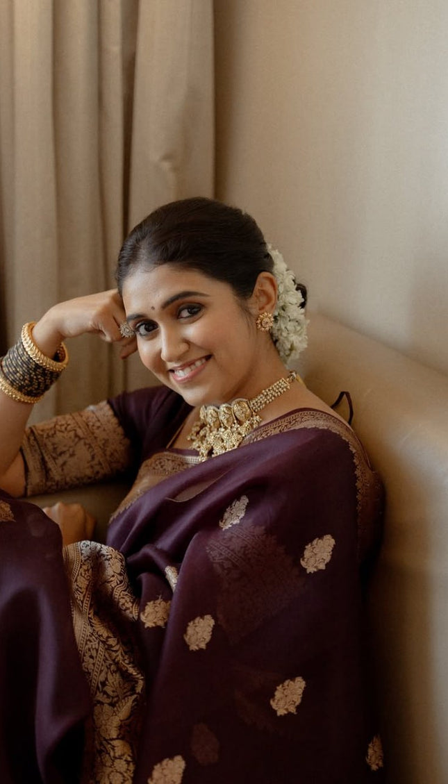 Praveena - Maroon Organza Silk Saree with Floral Zari Motifs and Brocade Border