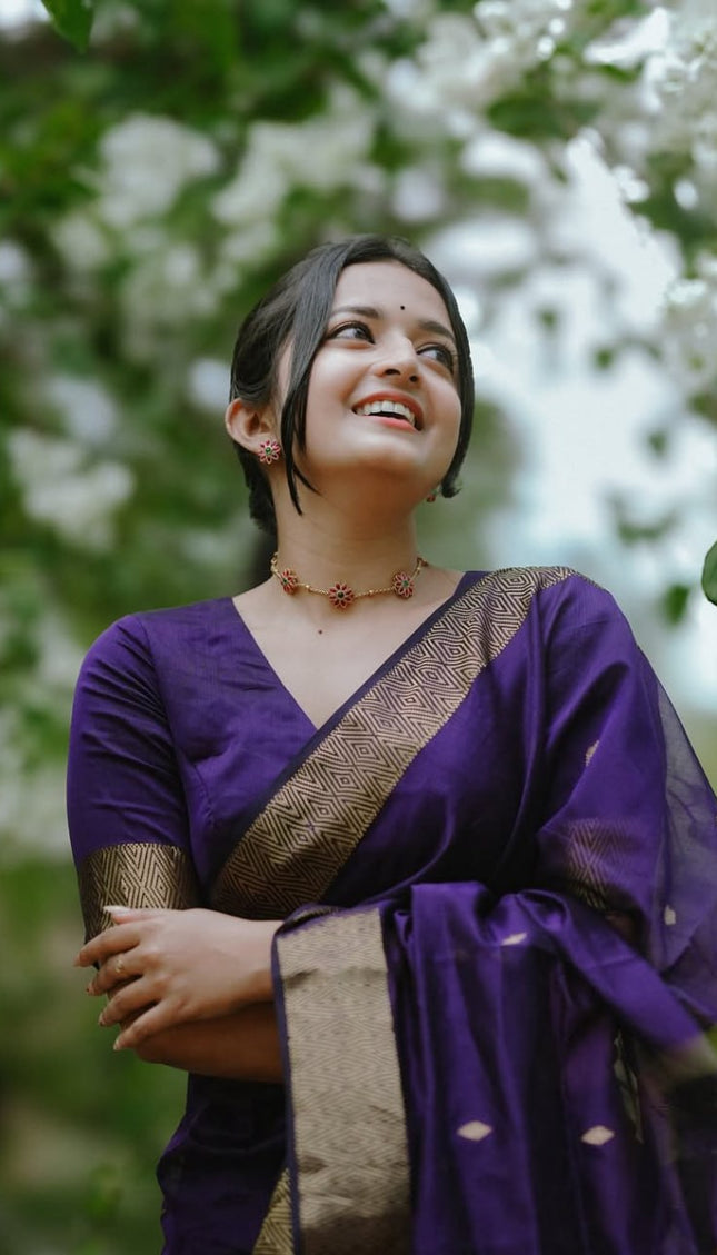 Revathi - Purple Banarasi Silk Saree with Golden Butti Weave and Zari Border
