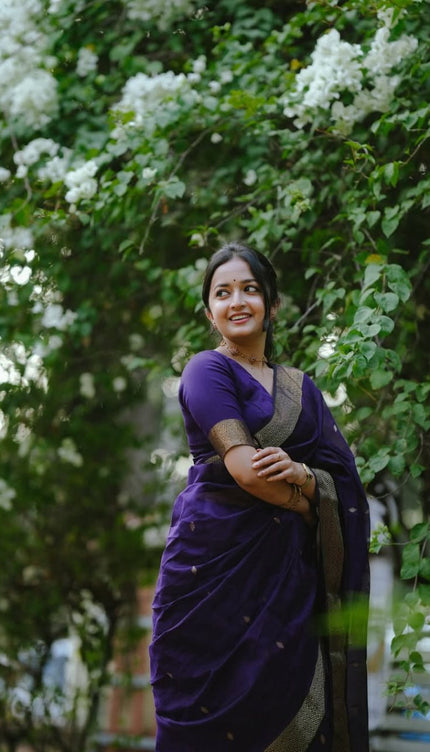 Revathi - Purple Banarasi Silk Saree with Golden Butti Weave and Zari Border