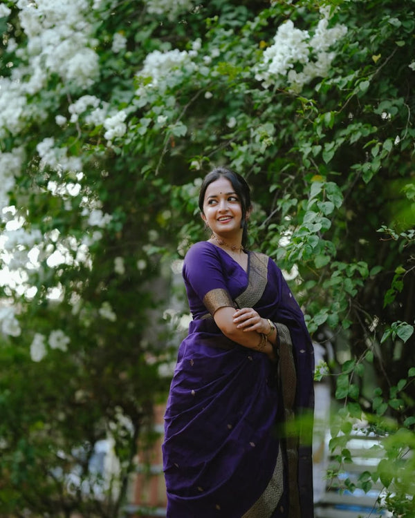 Revathi - Purple Banarasi Silk Saree with Golden Butti Weave and Zari Border