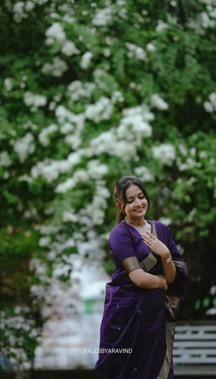 Revathi - Purple Banarasi Silk Saree with Golden Butti Weave and Zari Border