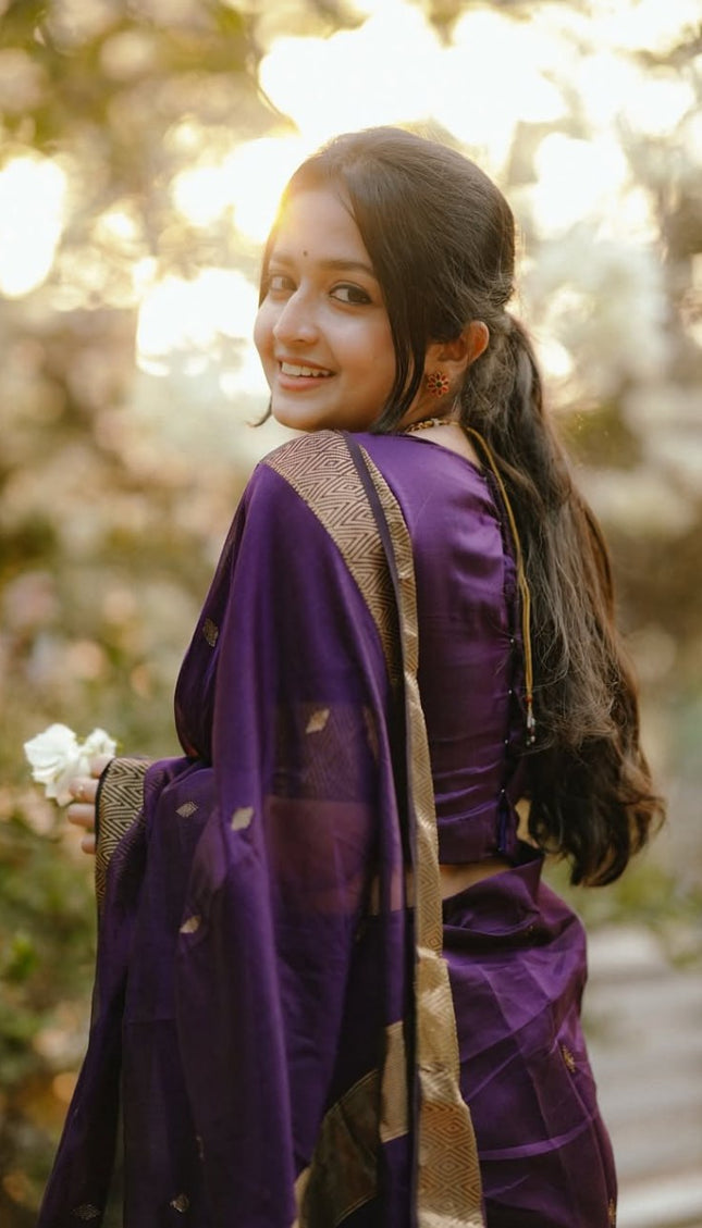 Revathi - Purple Banarasi Silk Saree with Golden Butti Weave and Zari Border