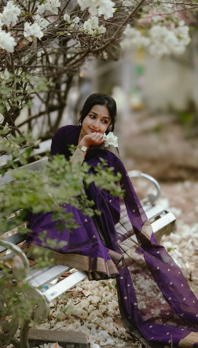 Revathi - Purple Banarasi Silk Saree with Golden Butti Weave and Zari Border