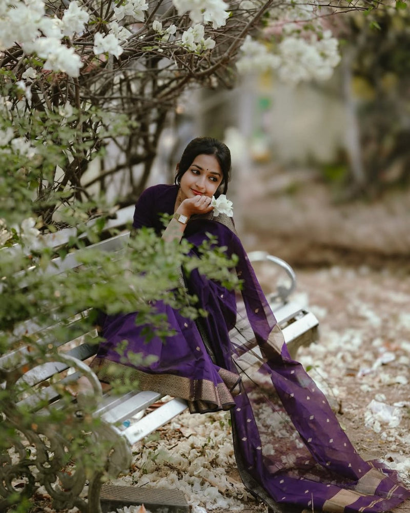 Revathi - Purple Banarasi Silk Saree with Golden Butti Weave and Zari Border