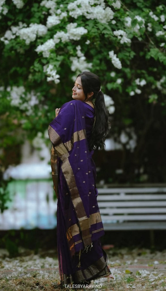 Revathi - Purple Banarasi Silk Saree with Golden Butti Weave and Zari Border