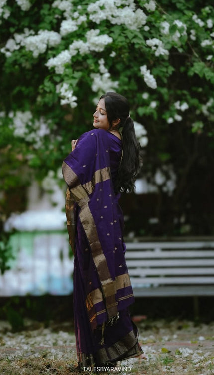 Revathi - Purple Banarasi Silk Saree with Golden Butti Weave and Zari Border