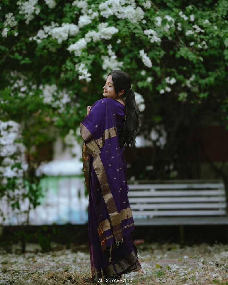 Revathi - Purple Banarasi Silk Saree with Golden Butti Weave and Zari Border
