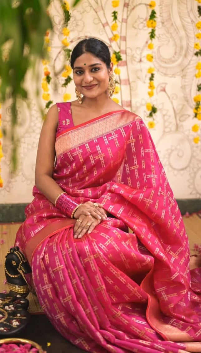Rangvalli - Pink Silk Saree with Geometric Gold Zari Weave