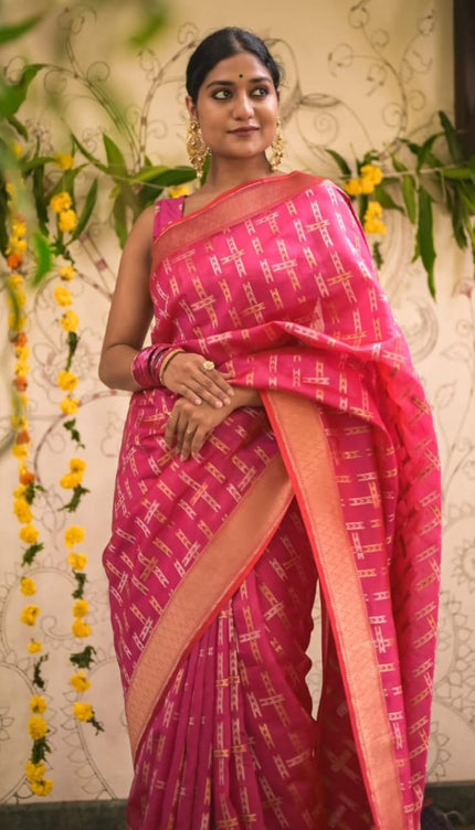 Rangvalli - Pink Silk Saree with Geometric Gold Zari Weave