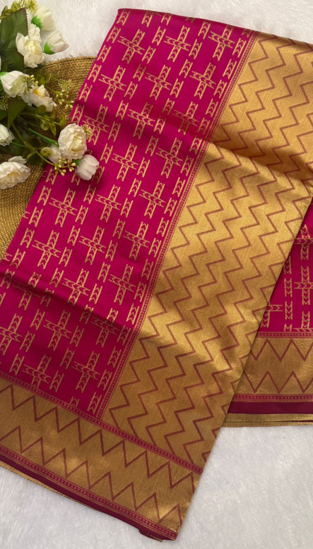 Rangvalli - Pink Silk Saree with Geometric Gold Zari Weave