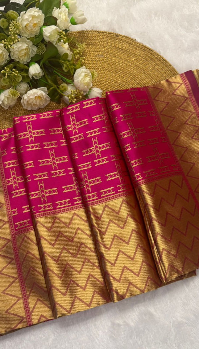 Rangvalli - Pink Silk Saree with Geometric Gold Zari Weave