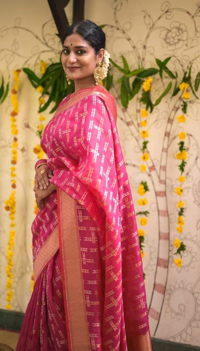 Rangvalli - Pink Silk Saree with Geometric Gold Zari Weave