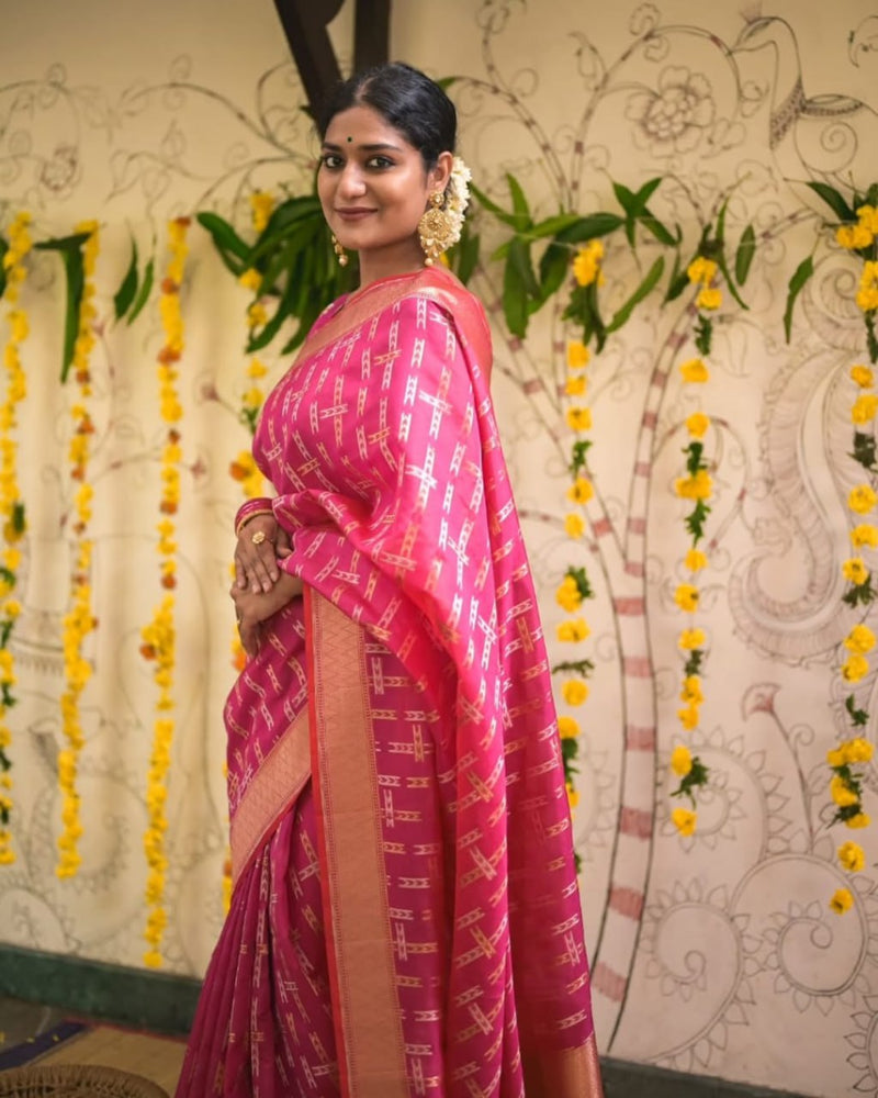 Rangvalli - Pink Silk Saree with Geometric Gold Zari Weave