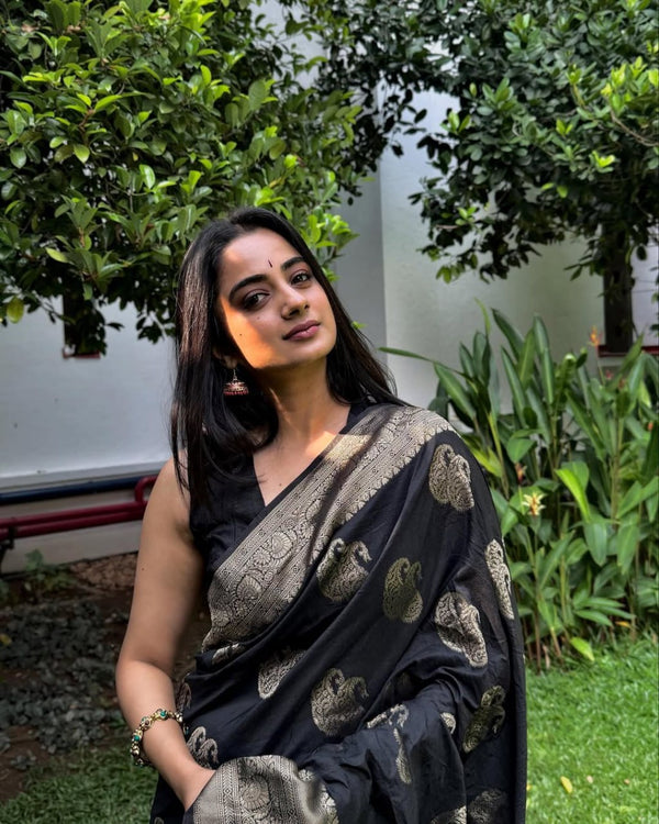 Kalyani - Black Banarasi Silk Saree with Antique Gold Zari Weaving