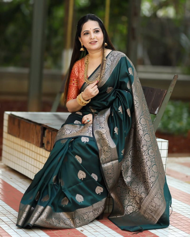 Vritika - Green Banarasi Silk Saree with Silver Zari Motifs