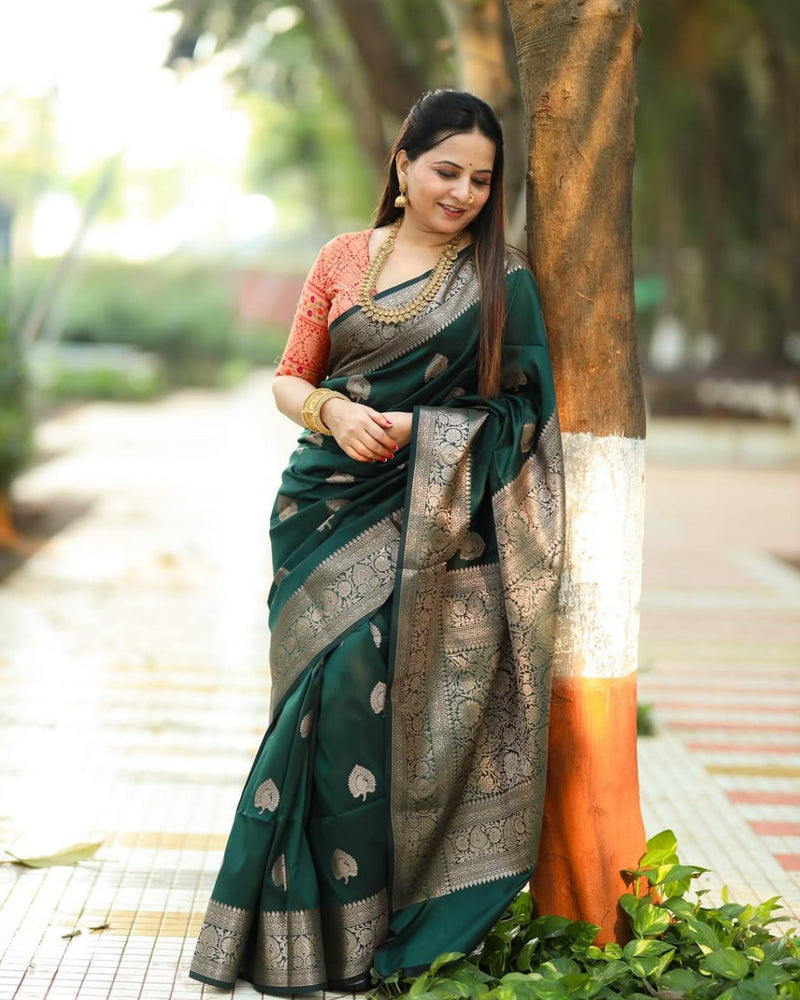 Vritika - Green Banarasi Silk Saree with Silver Zari Motifs