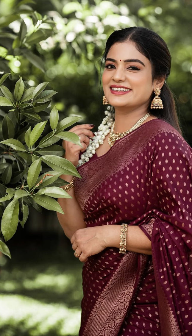 Shaambhavi – Maroon Banarasi Silk Saree with Traditional Woven Pallu & Border