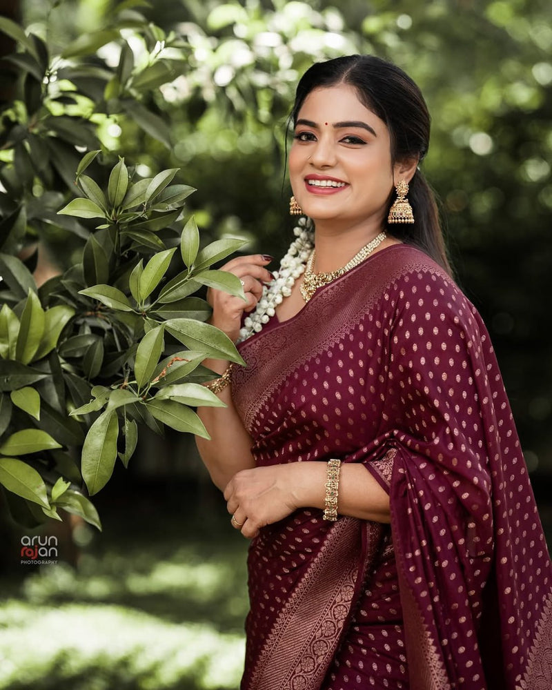 Shaambhavi – Maroon Banarasi Silk Saree with Traditional Woven Pallu & Border