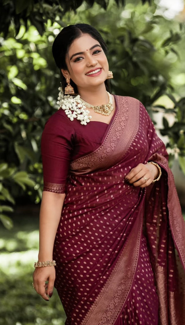 Shaambhavi – Maroon Banarasi Silk Saree with Traditional Woven Pallu & Border