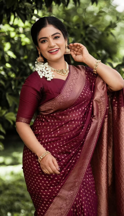 Shaambhavi – Maroon Banarasi Silk Saree with Traditional Woven Pallu & Border