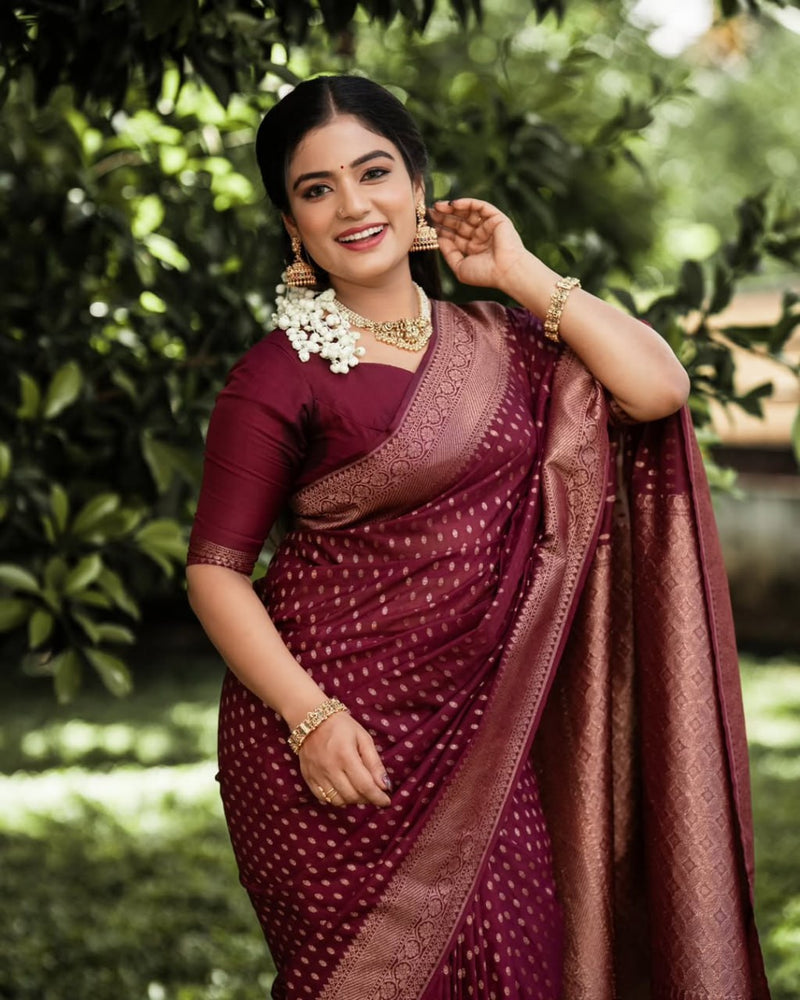 Shaambhavi – Maroon Banarasi Silk Saree with Traditional Woven Pallu & Border