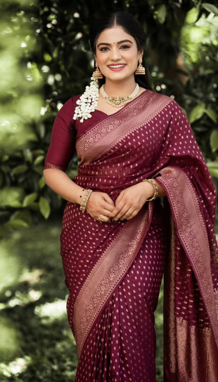 Shaambhavi – Maroon Banarasi Silk Saree with Traditional Woven Pallu & Border
